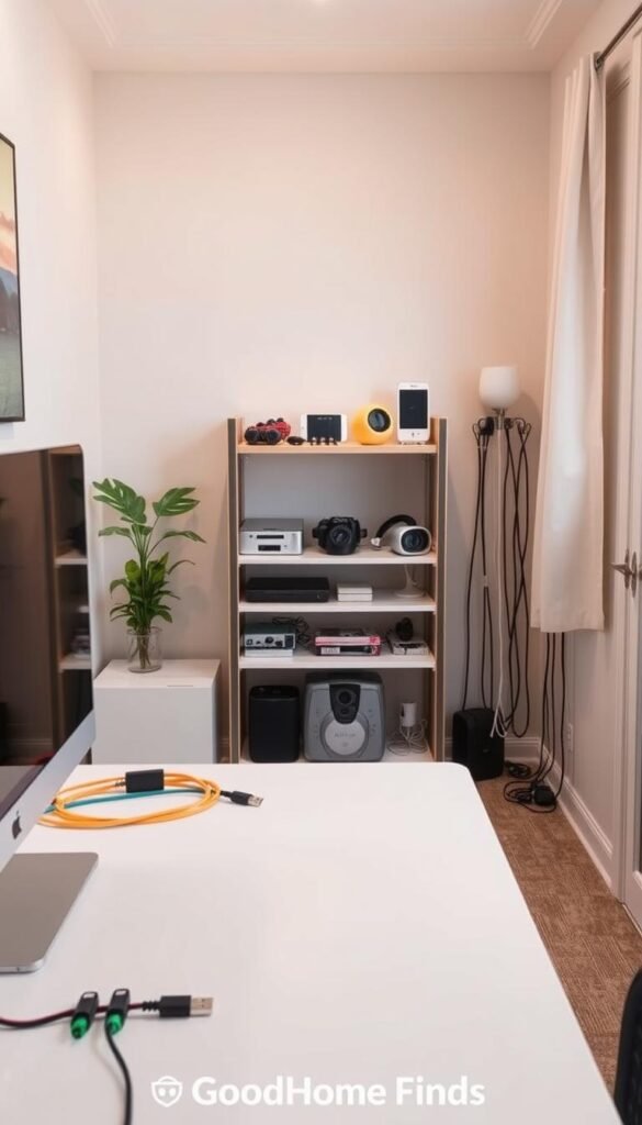 A well-organized small room showcasing effective cable management techniques. In the foreground, a neatly arranged desk with a minimalistic computer setup, featuring an under-desk cable tray, color-coded cables, and cable clips expertly securing cords. In the middle, a compact shelving unit displays various tech gadgets, while cleverly hidden power strips and extension cords blend seamlessly into the design. The background reveals a cozy wall with soft lighting from a lamp, creating a warm atmosphere. The room is bright and airy, with natural light illuminating the space through a window adorned with light curtains. Overall, a Pinterest-style lifestyle photo that evokes a sense of order and tranquility, branded with GoodHomeFinds.