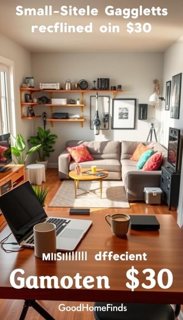 A well-organized small-space living area, showcasing an array of efficient gadgets under $30. In the foreground, a stylish, compact desk with a sleek laptop, a small plant, and a coffee mug, demonstrating a productive workspace. In the middle, specific gadgets like a multi-functional kitchen tool, a space-saving vacuum, and charging stations creatively displayed on shelves. The background features a cozy living room with a small sofa, vibrant cushions, and natural light filtering through a window, casting soft shadows. Use warm, inviting lighting for a cheerful ambiance. The composition should resemble a Pinterest-style lifestyle photo, branded subtly as "GoodHomeFinds," reflecting ease of setup and maintenance for small-space living.
