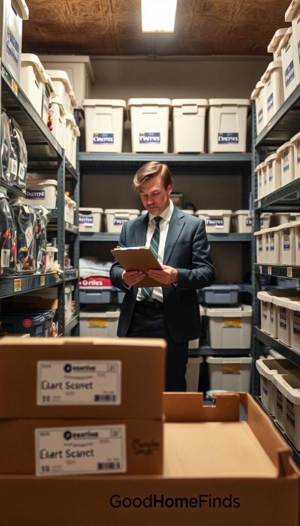 A well-organized storage room filled with seasonal items on shelves, emphasizing labeling and inventory tracking. In the foreground, a neatly labeled box of holiday decorations, featuring a clear, legible label. In the middle, a focused individual dressed in professional attire, inspecting items on a shelf, utilizing a clipboard to check inventory. The background displays various bins and boxes, each with clear, colorful labels, showcasing an organized system for easy access. Soft, warm lighting illuminates the scene from overhead, creating a cozy atmosphere. The image should evoke a sense of efficiency and preparedness, appealing to those looking to streamline seasonal storage. Include subtle branding elements of "GoodHomeFinds" within the context of the organized space.