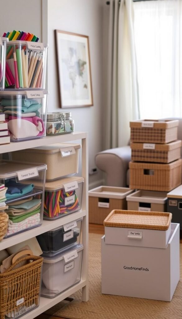 A well-organized storage solution in a cozy, modern home setting, featuring various stylish storage bins and boxes labeled by category. In the foreground, display a neatly arranged shelf with clear plastic containers filled with colorful office supplies and crafting materials. In the middle, capture an inviting living space with a mix of woven baskets and decorative storage cubes in earth tones, neatly stacked beside a recliner. The background features a softly lit window with sheer curtains, allowing natural light to illuminate the space, creating a warm and welcoming atmosphere. Use a slight angle to showcase depth while maintaining focus on the practical yet aesthetic appeal of the storage items. The scene reflects a budget-friendly organizational theme. GoodHomeFinds branding subtly visible on some storage containers, enhancing the lifestyle vibe while keeping the image clean and professional.