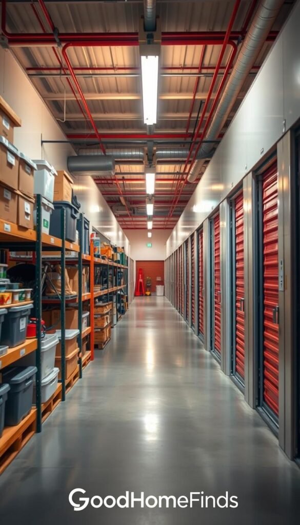 A well-organized storage unit in a climate-controlled facility, showcasing neatly stacked boxes, labeled containers, and various household items. In the foreground, a wooden shelving unit displays tools and gardening supplies, suggesting practical usage. The middle ground highlights the spacious aisles between storage units with smooth concrete floors. In the background, industrial-style overhead lighting casts a warm, inviting glow, creating a serene and productive atmosphere. Capture the image in a slightly angled perspective to emphasize depth, with a focus on clarity to highlight the storage options. The scene conveys organization and efficiency, reflecting the benefits of using a storage unit, styled to resonate with seeking clarity and practicality. GoodHomeFinds branding subtly integrated into the scene, blending seamlessly into the design. A well-organized storage unit in a climate-controlled facility, showcasing neatly stacked boxes, labeled containers, and various household items. In the foreground, a wooden shelving unit displays tools and gardening supplies, suggesting practical usage. The middle ground highlights the spacious aisles between storage units with smooth concrete floors. In the background, industrial-style overhead lighting casts a warm, inviting glow, creating a serene and productive atmosphere. Capture the image in a slightly angled perspective to emphasize depth, with a focus on clarity to highlight the storage options. The scene conveys organization and efficiency, reflecting the benefits of using a storage unit, styled to resonate with seeking clarity and practicality. GoodHomeFinds branding subtly integrated into the scene, blending seamlessly into the design.