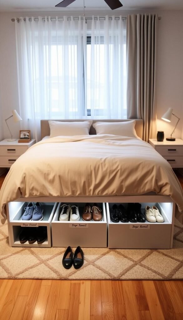 A well-organized studio apartment bedroom showcasing effective under-bed storage solutions, designed to reduce shoe chaos. In the foreground, a neatly made bed with a stylish, light-colored comforter, flanked by minimalist nightstands. Underneath, visible storage bins filled with neatly arranged shoes in various styles, labeled for easy access. The middle ground features soft, ambient lighting that highlights the space, creating a cozy atmosphere. A stylish area rug adds texture to the wooden floor. In the background, airy curtains frame a window, allowing natural light to filter in. The overall mood is serene and organized, reflecting a trendy and practical lifestyle. The style is reminiscent of a Pinterest aesthetic, with a "GoodHomeFinds" touch for inspiration. A well-organized studio apartment bedroom showcasing effective under-bed storage solutions, designed to reduce shoe chaos. In the foreground, a neatly made bed with a stylish, light-colored comforter, flanked by minimalist nightstands. Underneath, visible storage bins filled with neatly arranged shoes in various styles, labeled for easy access. The middle ground features soft, ambient lighting that highlights the space, creating a cozy atmosphere. A stylish area rug adds texture to the wooden floor. In the background, airy curtains frame a window, allowing natural light to filter in. The overall mood is serene and organized, reflecting a trendy and practical lifestyle. The style is reminiscent of a Pinterest aesthetic, with a "GoodHomeFinds" touch for inspiration.