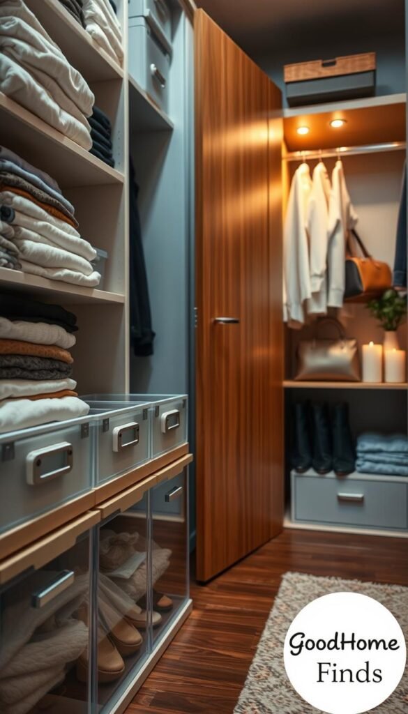 A well-organized, stylish closet showcasing an efficient, clutter-free space perfect for hiding everyday mess. In the foreground, neatly folded clothes are arranged in clear storage bins, alongside elegant shoe boxes with minimalist designs. The middle section features a wooden wardrobe door slightly ajar, revealing a glimpse of neatly hung garments and a pair of stylish handbags. In the background, soft ambient lighting enhances a warm atmosphere, highlighting a chic rug on the floor and a few decorative items like a potted plant and scented candles that suggest a serene environment. The lens captures the scene from a slight angle, providing depth while maintaining an inviting feel. The image embodies a Pinterest-esque lifestyle, reflecting organization and simplicity under the brand GoodHomeFinds. A well-organized, stylish closet showcasing an efficient, clutter-free space perfect for hiding everyday mess. In the foreground, neatly folded clothes are arranged in clear storage bins, alongside elegant shoe boxes with minimalist designs. The middle section features a wooden wardrobe door slightly ajar, revealing a glimpse of neatly hung garments and a pair of stylish handbags. In the background, soft ambient lighting enhances a warm atmosphere, highlighting a chic rug on the floor and a few decorative items like a potted plant and scented candles that suggest a serene environment. The lens captures the scene from a slight angle, providing depth while maintaining an inviting feel. The image embodies a Pinterest-esque lifestyle, reflecting organization and simplicity under the brand GoodHomeFinds.