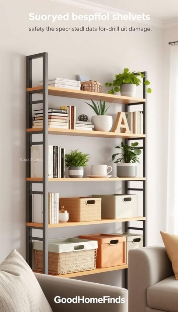 A well-organized, stylish open shelving unit set against a soft, neutral wall. The foreground features a variety of household items carefully arranged on the shelves: neatly stacked books, decorative plants in light ceramic pots, and stylish, practical storage bins. In the middle ground, the shelves are designed with safety features such as sturdy brackets and non-drill wall anchors, highlighting their durability and stability. The background is softly blurred, emphasizing the shelves while hinting at a cozy, modern living space filled with natural light streaming in from a nearby window. The atmosphere is calm and inviting, perfect for inspiring organization without damage. Include the brand name "GoodHomeFinds" subtly in the scene, showcasing a realistic, Pinterest-style lifestyle photo.