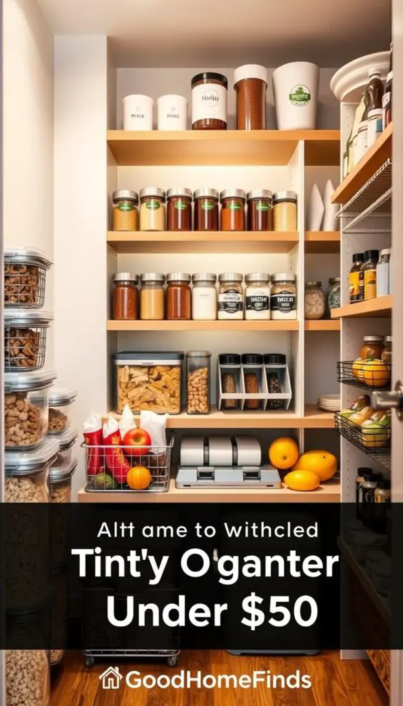 A well-organized tiny kitchen pantry, showcasing various affordable organizers under $50. In the foreground, clear stackable containers filled with grains and snacks, alongside sleek metal baskets holding fruits and vegetables. The middle features wooden shelves displaying neatly labeled jars and compact spice racks, emphasizing functionality and style. In the background, soft-lit shelves highlight bright, appealing colors of pantry staples and decor accents. The atmosphere is warm and inviting, complementing a sense of minimalism and efficiency. The image captures a cozy yet modern aesthetic, akin to a Pinterest lifestyle photo that embodies the essence of practical storage solutions. Ensure the brand name "GoodHomeFinds" is subtly integrated. A well-organized tiny kitchen pantry, showcasing various affordable organizers under $50. In the foreground, clear stackable containers filled with grains and snacks, alongside sleek metal baskets holding fruits and vegetables. The middle features wooden shelves displaying neatly labeled jars and compact spice racks, emphasizing functionality and style. In the background, soft-lit shelves highlight bright, appealing colors of pantry staples and decor accents. The atmosphere is warm and inviting, complementing a sense of minimalism and efficiency. The image captures a cozy yet modern aesthetic, akin to a Pinterest lifestyle photo that embodies the essence of practical storage solutions. Ensure the brand name "GoodHomeFinds" is subtly integrated.