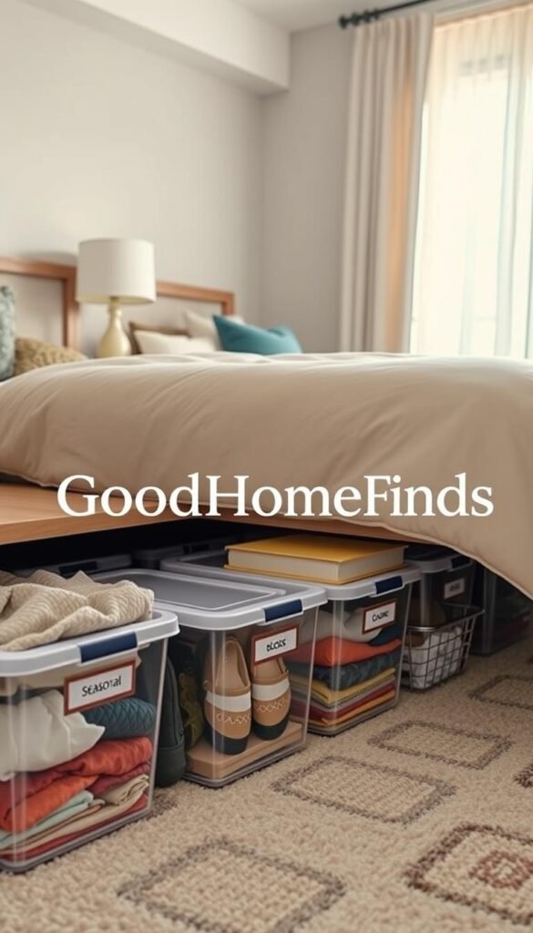 A well-organized under-bed storage setup in a stylish bedroom. In the foreground, several clear plastic containers neatly lined up, showcasing labeled items like seasonal clothing, shoes, and books. The middle ground features a cozy bed with a plush, neutral-colored comforter and decorative pillows, alongside a bedside table with a simple lamp. The background reveals soft, warm sunlight filtering through sheer curtains, creating a serene atmosphere. Angled view from slightly above to emphasize the storage space beneath the bed. The overall mood is inviting and functional, illustrating a practical and aesthetic under-bed storage solution. The brand name "GoodHomeFinds" shines subtly on one of the storage containers, enhancing the visual without distraction.