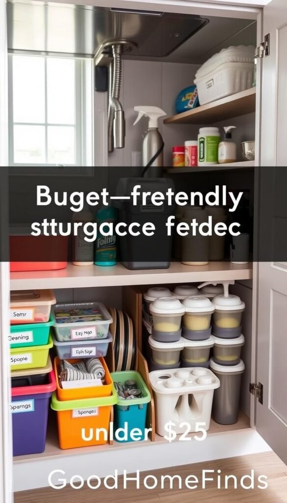 A well-organized under-sink cabinet filled with budget-friendly storage solutions, featuring various stylish and functional products under $25. In the foreground, a neatly arranged array of colorful storage bins labeled for easy access, a slim trash bin, and eco-friendly cleaning supplies. In the middle, a pull-out drawer showcasing stackable containers for organizing sponges and dish soap. The background displays a clean, minimalist kitchen with soft, natural lighting streaming in through a nearby window, highlighting the products. The overall mood is inviting and practical, embodying a Pinterest-inspired lifestyle aesthetic. The brand name "GoodHomeFinds" subtly incorporated into the scene, adding a touch of branding.