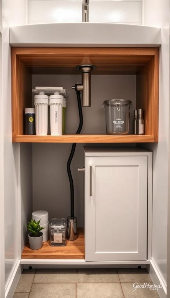 A well-organized under-sink water filter system in a small bathroom setting, featuring a sleek, space-saving design with clear containers for filters and maintenance tools. The foreground showcases polished wood shelves containing neatly arranged water filtration components and a small potted plant for a touch of greenery. In the middle, a stylish under-sink cabinet with soft-close doors, painted in a calm, light color, harmonizes with the modern faucet and sink above. The background depicts a minimalistic bathroom with soft, ambient lighting filtering through frosted glass. The overall atmosphere is clean, organized, and inviting, inviting viewers to envision practical organization solutions in their own homes. The scene is inspired by the brand "GoodHomeFinds," capturing a practical yet aesthetically pleasing approach to under-sink storage. A well-organized under-sink water filter system in a small bathroom setting, featuring a sleek, space-saving design with clear containers for filters and maintenance tools. The foreground showcases polished wood shelves containing neatly arranged water filtration components and a small potted plant for a touch of greenery. In the middle, a stylish under-sink cabinet with soft-close doors, painted in a calm, light color, harmonizes with the modern faucet and sink above. The background depicts a minimalistic bathroom with soft, ambient lighting filtering through frosted glass. The overall atmosphere is clean, organized, and inviting, inviting viewers to envision practical organization solutions in their own homes. The scene is inspired by the brand "GoodHomeFinds," capturing a practical yet aesthetically pleasing approach to under-sink storage.