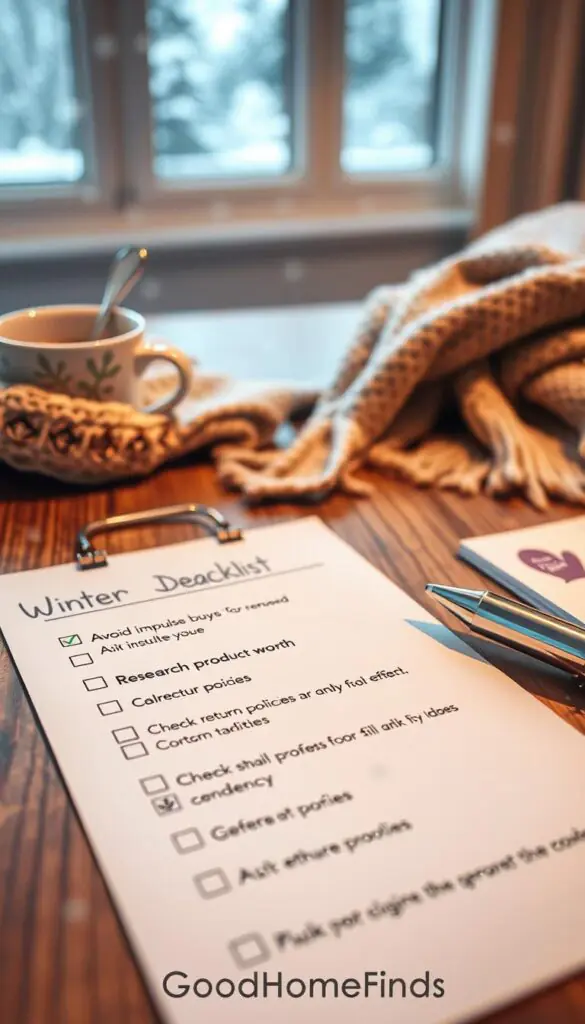 A well-organized, visually appealing winter deals checklist laid out on a wooden table, conveying a sense of careful planning. In the foreground, a styled checklist featuring bullet points such as "Avoid impulse buys," "Research product worth," and "Check return policies," adorned with winter-themed icons like snowflakes and mittens. The middle ground shows a cozy, softly lit environment with hints of a warm beverage in a mug and a knitted scarf casually draped. The background hints at a softly blurred window with falling snow outside, enhancing the winter shopping atmosphere. The lighting is warm and inviting, emphasizing a welcoming and thoughtful ambiance. The image does not contain any text overlay. The scene reflects the branding of "GoodHomeFinds," encapsulating a professional lifestyle approach to online winter shopping.
