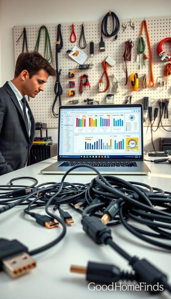 A well-organized workspace featuring a detailed cables audit scene. In the foreground, a professional, business-attired individual is inspecting a tangle of various cables&mdash;USB, HDMI, and power cords&mdash;spread out on a clean desk. In the middle, an open laptop displays a cable management software interface, with colorful cable labels and charts. The background showcases a neatly arranged pegboard, displaying different types of cables and organizing tools like clips and ties. Soft, natural lighting illuminates the scene, enhancing a productive and focused atmosphere. The overall mood is one of efficiency and order, perfect for showcasing cable management technology. The brand name "GoodHomeFinds" subtly integrated into the workspace.