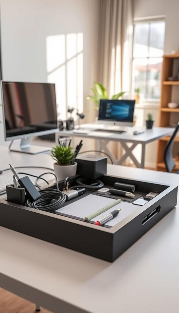 A well-organized workspace featuring a sleek setup time desk tray from GoodHomeFinds, prominently displayed in the foreground. The tray is filled with neatly arranged cables, office supplies like pens and notepads, and a small potted plant for a touch of greenery. In the middle ground, a modern desk with a laptop and monitor showcases the efficient use of cable management gadgets. The background features a softly lit, minimalist home office with light-colored walls and warm wooden accents, creating an inviting atmosphere. Natural sunlight streams through a nearby window, casting gentle shadows that enhance the tranquility and productivity of the space. The overall mood is calm and organized, emphasizing ease of setup and functionality without clutter.