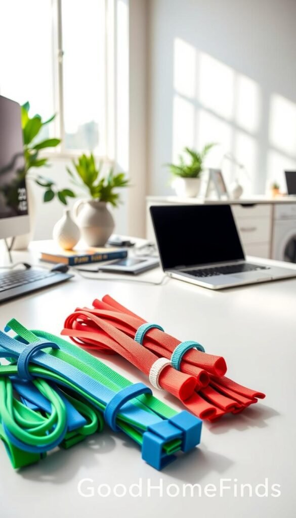 A well-organized workspace featuring various cable management ties and sleeves, elegantly displayed on a sleek, modern desk. In the foreground, colorful silicone cable ties in vibrant shades of blue, green, and red, neatly bundled with soft fabric sleeves wrapped around multiple cords. The middle ground showcases a minimalist desk with a laptop, a stylish plant, and a few decorative elements that add a touch of personality. The background includes a softly lit, airy room with a large window allowing natural light to filter in, casting gentle shadows on the desk. The atmosphere is professional yet inviting, designed to inspire efficiency and neatness. The image embodies a Pinterest-style aesthetic, illustrating "GoodHomeFinds" branding subtly integrated into the workspace decor.