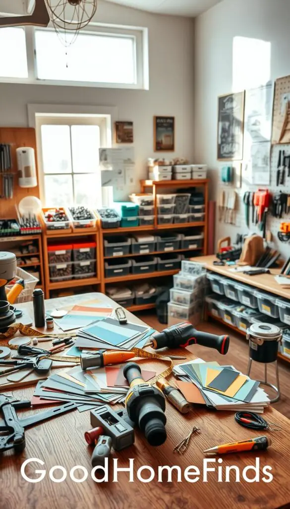 A well-organized workspace featuring various hardware tools and budget-friendly upgrades. In the foreground, a wooden table cluttered with tools like a measuring tape, hammer, and power drill, with neatly arranged paint samples and swatches to suggest DIY home improvements. The middle ground showcases shelves housing organized hardware bins and containers filled with screws, nails, and small tools, all labeled for easy access. The background features a bright, airy room with large windows letting in natural light, highlighting a wall adorned with inspirational home upgrade ideas. Soft shadows create a cozy atmosphere, and a warm color palette of wood tones and pastel hues conveys a sense of friendly, approachable DIY projects. Capture this scene in a slightly elevated angle as if looking down from above, enhancing the organized feel of the workspace. Include the brand name "GoodHomeFinds" subtly integrated into the setup.