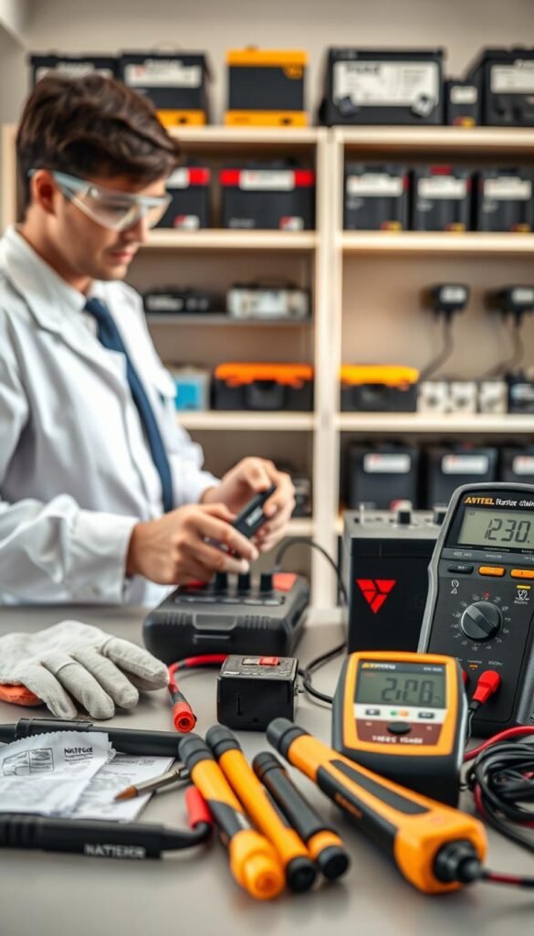 A well-organized workspace focused on battery maintenance, featuring a close-up of a person in professional attire inspecting a battery charger, highlighting safety and maintenance tools like cleaning brushes and a multimeter. In the foreground, neatly arranged maintenance items, including protective gloves and safety goggles, suggest a proactive approach to battery care. The middle ground showcases the battery charger connected to a battery, with clear indicators displaying charge status. In the background, a well-lit and organized shelf displays various battery types and chargers for a clean, informative atmosphere. The lighting is bright and natural, creating a positive, focused mood. The overall aesthetic reflects a Pinterest-style lifestyle photo emphasizing safety and knowledge in battery management. --brand name "GoodHomeFinds" A well-organized workspace focused on battery maintenance, featuring a close-up of a person in professional attire inspecting a battery charger, highlighting safety and maintenance tools like cleaning brushes and a multimeter. In the foreground, neatly arranged maintenance items, including protective gloves and safety goggles, suggest a proactive approach to battery care. The middle ground showcases the battery charger connected to a battery, with clear indicators displaying charge status. In the background, a well-lit and organized shelf displays various battery types and chargers for a clean, informative atmosphere. The lighting is bright and natural, creating a positive, focused mood. The overall aesthetic reflects a Pinterest-style lifestyle photo emphasizing safety and knowledge in battery management. --brand name "GoodHomeFinds"