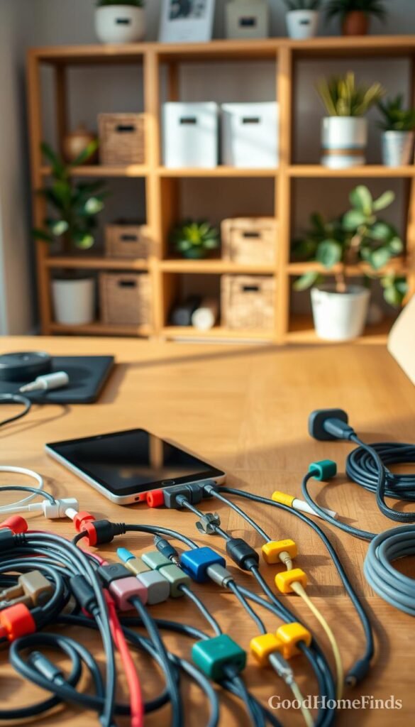A well-organized workspace showcasing an array of neatly arranged cords in a stylish, minimalist setting. In the foreground, display a variety of color-coded cable organizers, such as clips and wraps, intricately arranged with a few essential tech gadgets like a tablet and smartphone. In the middle ground, a sleek wooden desk reflects a modern aesthetic, adorned with these organizers holding different cables, creating a clean and tidy atmosphere. The background features a soft-focus bookshelf filled with decorative storage boxes and plants, enhancing the serene vibe. The lighting is warm and natural, casting soft shadows that emphasize the textures and materials, shot from a slightly elevated angle to capture the organized layout. The overall mood is calm and inviting, conveying efficiency and simplicity, branded with "GoodHomeFinds."