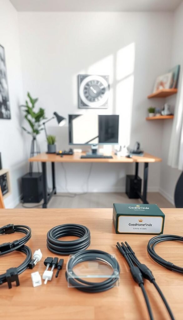 A well-organized workspace showcasing effective cable management, capturing a neat and clutter-free environment. In the foreground, display high-quality cable organizers, such as clips, sleeves, and boxes from the brand "GoodHomeFinds," artfully arranged and ready for use. In the middle, depict a sleek desk setup with a computer, monitor, and invisible cables, emphasizing the absence of cable chaos. The background features a clean wall with minimalistic decor, creating a serene atmosphere. Soft, natural lighting illuminates the scene, casting gentle shadows and enhancing colors. The angle should be slightly tilted from above, providing a bird&rsquo;s-eye view that invites viewers into the solution-oriented space, creating a sense of calm and order.