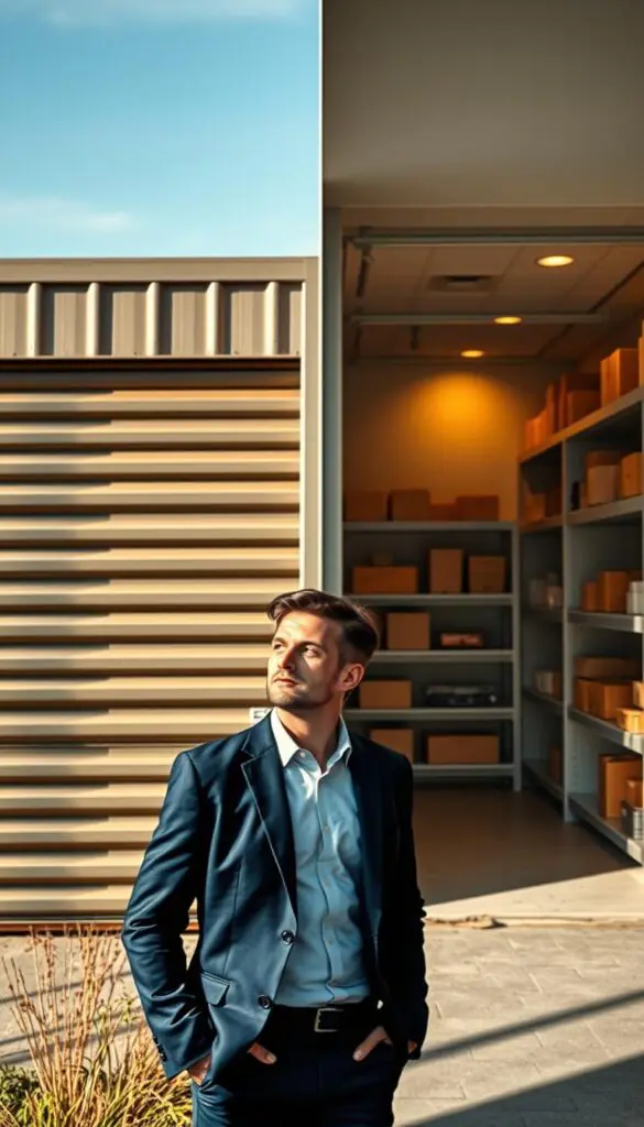 A wide shot of two contrasting storage facilities side by side: on the left, a budget-friendly outdoor storage unit made of corrugated metal, with bright, natural lighting casting shadows; on the right, a sleek and modern premium indoor storage facility with climate control, well-organized shelves, and warm ambient lighting. The budget unit has signs of wear, while the premium facility showcases a clean, minimalist design with neatly arranged boxes and containers. In the foreground, a business professional in a smart casual outfit inspects the budget unit, looking contemplative. The background features rolling hills and trees, giving a tranquil suburban feel. The overall mood is practical yet inviting, emphasizing the choices between budget and premium storage solutions. GoodHomeFinds style.
