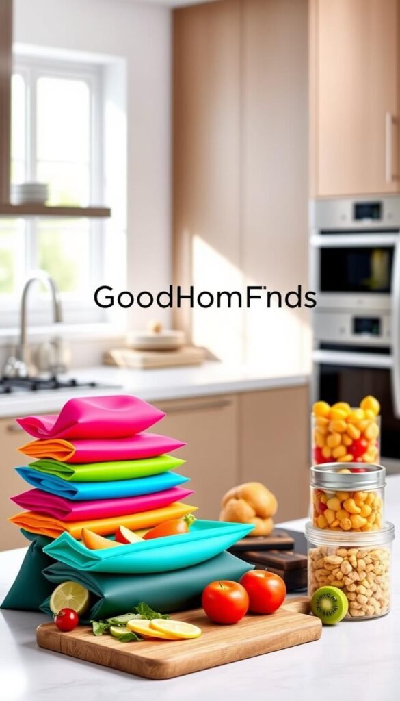 Aesthetic and functional silicone food storage bags in various vibrant colors, displayed prominently in a chic, minimalistic kitchen. In the foreground, the bags are neatly stacked, showcasing their versatility and sleek design, with a few filled with fresh fruits and vegetables to illustrate their practical use. In the middle ground, a wooden cutting board adorned with sliced ingredients adds warmth, while a glass container filled with colorful snacks hints at organized meal prep. The background features modern kitchen appliances softly blurred to maintain focus on the bags, illuminated by soft, natural light coming from a nearby window, creating an inviting atmosphere. The brand name "GoodHomeFinds" subtly integrated into the composition.
