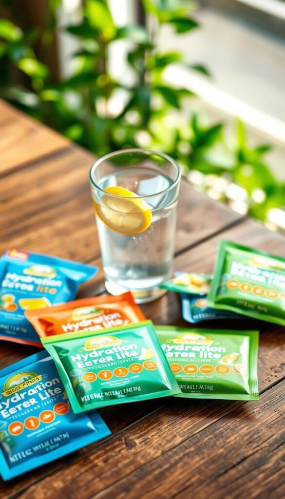 An aesthetically pleasing flat lay of vibrant hydration electrolyte packets from the brand "GoodHomeFinds," artfully arranged on a rustic wooden table. In the foreground, showcase several colorful packets in shades of blue, orange, and green, each with an inviting design featuring refreshing graphics. The middle section includes a stylish glass filled with water, a fresh slice of lemon resting on the rim, and a couple of electrolyte packets partially ripped open, hinting at their convenience. In the background, softly blurred greenery and a hint of sunlight filter through, creating a warm, inviting atmosphere. Utilize natural lighting to emphasize the bright colors of the packets and create a refreshing mood, capturing a sense of vital energy and wellness perfect for any &ldquo;I drank water but still feel off&rdquo; day.
