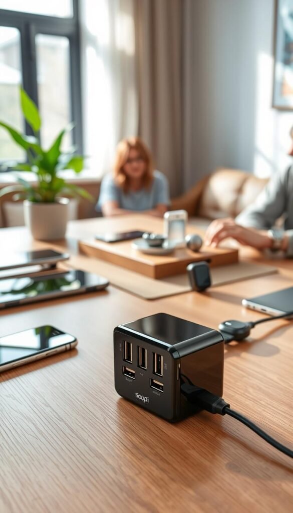 An elegant flat lay composition showcasing the Soopii Quick Charge 3.0 charger, highlighted prominently in the foreground. The charger is sleek with a modern design, featuring multiple USB ports and a glossy finish. Surrounding it, there are various family gadgets like smartphones, a tablet, and smartwatches, all elegantly arranged to demonstrate its versatility. In the middle ground, a soft-focus charging station in a cozy family setting adds a warm atmosphere, illuminated by natural light streaming through a nearby window. The background can include a wooden table surface and a stylish plant for a touch of greenery, creating an inviting yet organized impression. Overall, the scene conveys the practicality and family-centric appeal of the Soopii Quick Charge 3.0, branded subtly as "GoodHomeFinds".