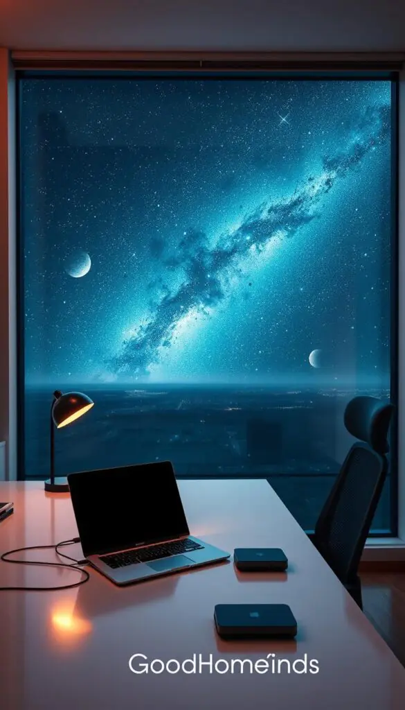 An expansive view of a serene space-themed home office in a small apartment, showcasing advanced travel tech gadgets. In the foreground, a sleek travel laptop and portable charging station sit atop a minimalist desk, with a stylish ergonomic chair. The middle ground features a floor-to-ceiling window displaying a breathtaking view of a starry night sky with ethereal nebulae and distant planets. Soft, ambient lighting glows from warm-toned fixtures, creating a cozy atmosphere. The background blends seamlessly with the night, emphasizing the tranquility of the cosmos. This lifestyle image exudes inspiration for choosing understated yet innovative technology that complements apartment living. The brand "GoodHomeFinds" subtly reflects on the tech and decor elements, enhancing the overall aesthetic.