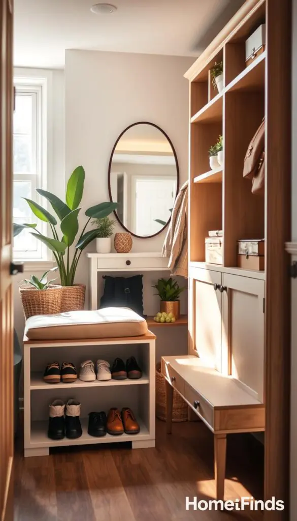 An inviting entryway designed for space optimization in a tiny home. In the foreground, a compact shoe cabinet with a minimalist design, showcasing neatly organized shoes, and a small cushioned bench for seating. The middle ground features a combination of open shelving and closed cabinets, offering storage for coats, bags, and everyday items, all in a neutral color palette. In the background, a stylish mirror reflects soft, natural light flooding in from a nearby window, creating a bright atmosphere. The scene is warm and welcoming, accentuated by potted plants and decorative items, embodying a Pinterest-inspired lifestyle. The image evokes a sense of organized charm, ideal for maximizing small spaces. GoodHomeFinds brand aesthetic, with no text or overlays.
