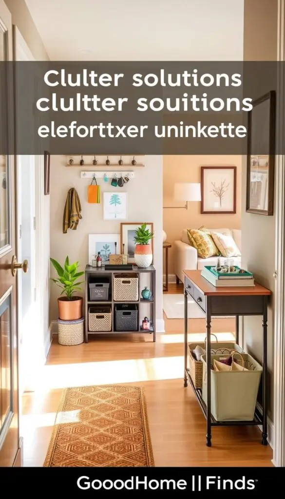 An inviting entryway flowing into a cozy living room, showcasing clutter solutions that don&rsquo;t require extra furniture. In the foreground, a neatly arranged shoe rack with stylish storage baskets, a small potted plant, and a decorative welcome mat. The middle features a compact console table adorned with vibrant key hooks, colorful mail organizers, and an eye-catching tray for everyday essentials. The background depicts a warm, softly lit living room with a comfortable sofa, a coffee table with books, and wall-mounted shelves displaying decorative items. Use natural lighting to create a bright atmosphere, shot from a slightly elevated angle to capture the entire scene. Aim for a Pinterest-style lifestyle photo that embodies organization and charm. Include "GoodHomeFinds" branding subtly integrated into the scene.