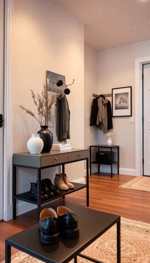 An inviting entryway space designed for functionality and style, featuring a sleek console table adorned with minimalistic decor, including a stylish vase and a small potted plant. In the foreground, a pair of polished shoes neatly arranged on an elegant shoe rack. The middle ground showcases a well-organized coat area with a modern coat rack and a mirror reflecting soft, natural light from a nearby window. The background is a tastefully decorated wall with a neutral color palette and subtle artwork. The atmosphere is warm and welcoming, enhanced by soft ambient lighting, giving a sense of tranquility. Captured with a wide-angle lens to emphasize the spacious layout, evoking a Pinterest-style aesthetic. GoodHomeFinds. An inviting entryway space designed for functionality and style, featuring a sleek console table adorned with minimalistic decor, including a stylish vase and a small potted plant. In the foreground, a pair of polished shoes neatly arranged on an elegant shoe rack. The middle ground showcases a well-organized coat area with a modern coat rack and a mirror reflecting soft, natural light from a nearby window. The background is a tastefully decorated wall with a neutral color palette and subtle artwork. The atmosphere is warm and welcoming, enhanced by soft ambient lighting, giving a sense of tranquility. Captured with a wide-angle lens to emphasize the spacious layout, evoking a Pinterest-style aesthetic. GoodHomeFinds.