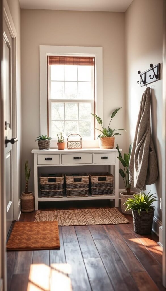 An inviting entryway space that maximizes functionality in a small area, featuring a stylish console table against a wall, adorned with decorative storage baskets and a chic mirror above. In the foreground, a cozy doormat welcomes visitors, while potted plants add a touch of greenery. In the middle ground, soft light filters through a nearby window, illuminating the rustic wooden floor and creating warm shadows. The background showcases a subtle wall color, enhancing the light and airy atmosphere. A pair of well-organized coat hooks hang to the side, holding neatly hung jackets. The mood is calm and organized, embodying a Pinterest-worthy lifestyle aesthetic. The scene should appear professionally composed, resembling a GoodHomeFinds lifestyle photo, captured with a warm lens at eye level for a personal touch.