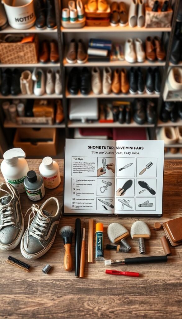 An inviting flat lay image featuring various shoe maintenance tools and products, emphasizing quick and easy repairs. In the foreground, display a small selection of high-quality shoe cleaners, polish, and brushes, neatly arranged next to a pair of well-worn but stylish sneakers. In the middle ground, showcase a simple tutorial guide demonstrating a maintenance mini-fix, like applying adhesive to a sole, with step-by-step visuals. In the background, softly blurred shelves or a workbench filled with organized shoe care items, illuminated by warm, natural lighting to create a cozy atmosphere. Ideal for a lifestyle blog, the image should evoke a sense of practicality and care, reflecting the brand "GoodHomeFinds". Capture from a slight overhead angle to provide a comprehensive view of the maintenance setup. An inviting flat lay image featuring various shoe maintenance tools and products, emphasizing quick and easy repairs. In the foreground, display a small selection of high-quality shoe cleaners, polish, and brushes, neatly arranged next to a pair of well-worn but stylish sneakers. In the middle ground, showcase a simple tutorial guide demonstrating a maintenance mini-fix, like applying adhesive to a sole, with step-by-step visuals. In the background, softly blurred shelves or a workbench filled with organized shoe care items, illuminated by warm, natural lighting to create a cozy atmosphere. Ideal for a lifestyle blog, the image should evoke a sense of practicality and care, reflecting the brand "GoodHomeFinds". Capture from a slight overhead angle to provide a comprehensive view of the maintenance setup.