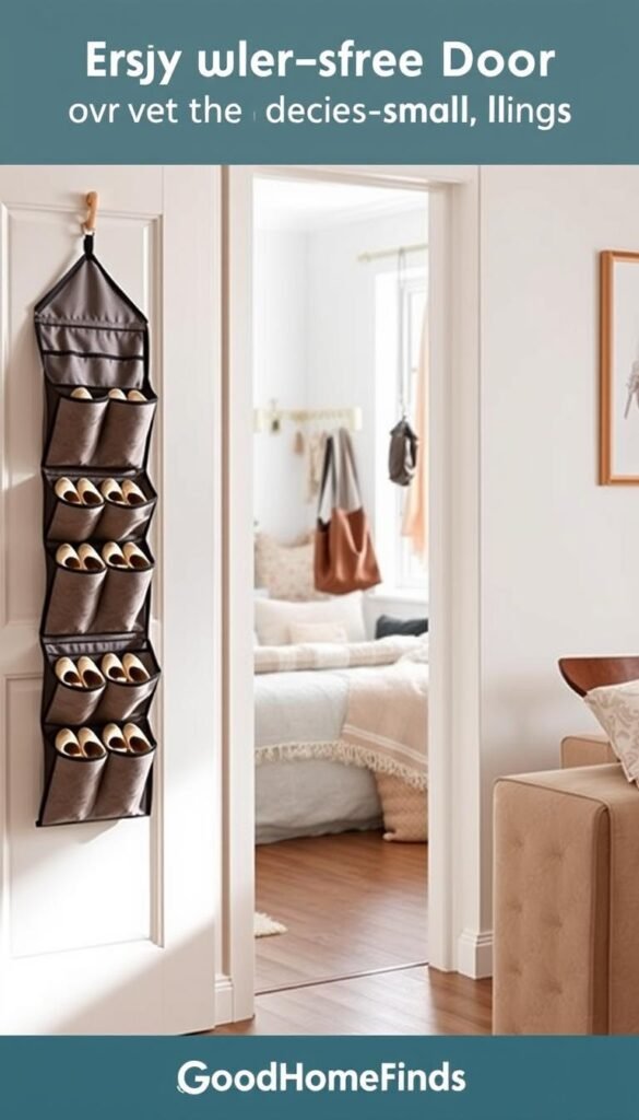 An inviting, well-organized apartment space with a focus on practical over-the-door storage solutions. In the foreground, a stylish door-mounted shoe organizer made of fabric, showcasing neatly arranged shoes with a subtle pop of color. In the middle, a sleek, minimalist design featuring various hooks and pockets for storing everyday essentials like keys, bags, and small items, all designed to maximize vertical space. The background reveals a bright, airy room with soft natural light streaming in through a nearby window, illuminating the cozy decor. The mood is friendly and functional, emphasizing clutter-free living. Ideal for a small apartment setting, blending style and utility. The scene embodies a modern, Pinterest-worthy aesthetic, with a subtle brand presence from "GoodHomeFinds." An inviting, well-organized apartment space with a focus on practical over-the-door storage solutions. In the foreground, a stylish door-mounted shoe organizer made of fabric, showcasing neatly arranged shoes with a subtle pop of color. In the middle, a sleek, minimalist design featuring various hooks and pockets for storing everyday essentials like keys, bags, and small items, all designed to maximize vertical space. The background reveals a bright, airy room with soft natural light streaming in through a nearby window, illuminating the cozy decor. The mood is friendly and functional, emphasizing clutter-free living. Ideal for a small apartment setting, blending style and utility. The scene embodies a modern, Pinterest-worthy aesthetic, with a subtle brand presence from "GoodHomeFinds."