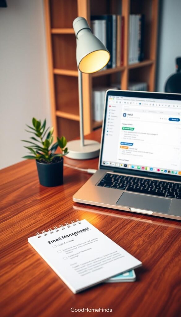 An organized desk setting depicting a diverse array of email-related elements for a clean and efficient digital workspace. In the foreground, a sleek laptop screen displays an open email application, showcasing color-coded labels and filters, all in an aesthetically pleasing layout. Beside the laptop, a notepad with a checklist for email management sits on the polished wooden surface, reflecting a productive atmosphere. In the middle ground, a stylish, small plant adds a touch of greenery, symbolizing growth and organization, while a modern desk lamp softly illuminates the scene. The background features a subtle blurred view of a well-organized bookshelf. The lighting is warm and inviting, creating a positive mood that emphasizes clarity and focus, reflecting a sense of peace in email management. The overall aesthetic feels like a Pinterest lifestyle photograph from GoodHomeFinds, highlighting simplicity and modernity.