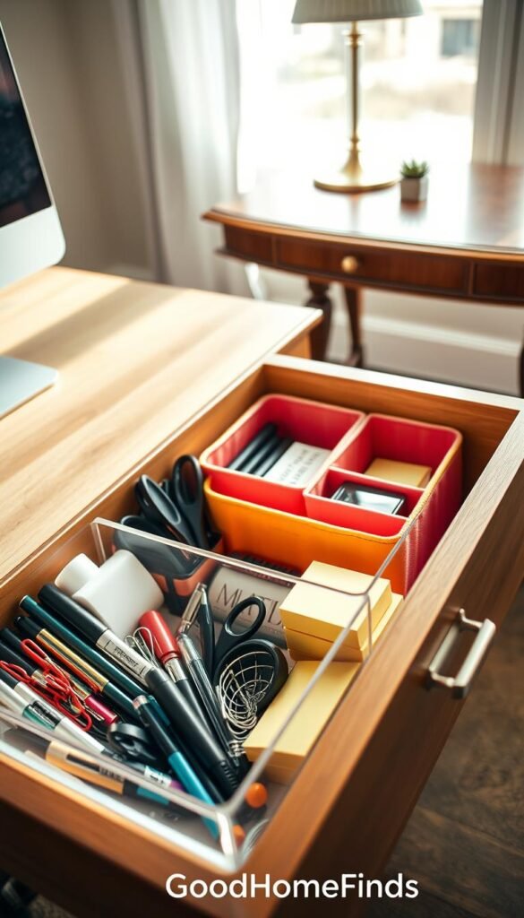 An organized drawer displaying a variety of stylish organizing tools, emphasizing functionality and aesthetics. In the foreground, a sleek, transparent drawer divider holds different categories of office supplies like pens, paper clips, and sticky notes, neatly arranged for easy access. The middle section features colorful fabric bins labeled with modern font, providing a pop of color and additional storage for miscellaneous items. The background subtly showcases an elegant wooden desk, bathed in soft, natural daylight filtering through a nearby window, creating a warm and inviting atmosphere. Shot with a 35mm lens at a slight angle to emphasize depth, the overall mood reflects orderliness and efficiency, ideal for home or office settings. The scene captures the essence of practical organization, inspired by GoodHomeFinds.