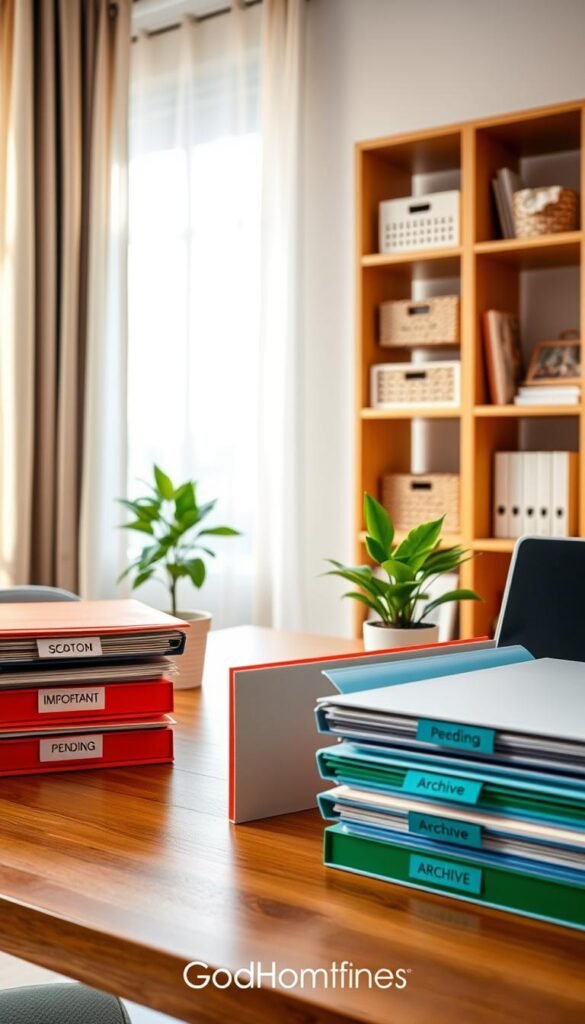 An organized home office scene showcasing a simple three-part filing system. In the foreground, a stylish wooden desk with neatly stacked files in colorful, labeled folders &ndash; red for important, blue for pending, and green for archive. A potted plant adds a touch of greenery next to a laptop. In the middle, an open shelving unit displays additional organizing tools, like decorative baskets and stationery. The background features a softly lit window with sheer curtains letting natural light flood the room, creating a warm and inviting atmosphere. The scene conveys a sense of calm and efficiency, ideal for promoting an organized lifestyle. Captured with a warm, bright lens angle to emphasize the inviting workspace, inspired by the aesthetic of GoodHomeFinds.