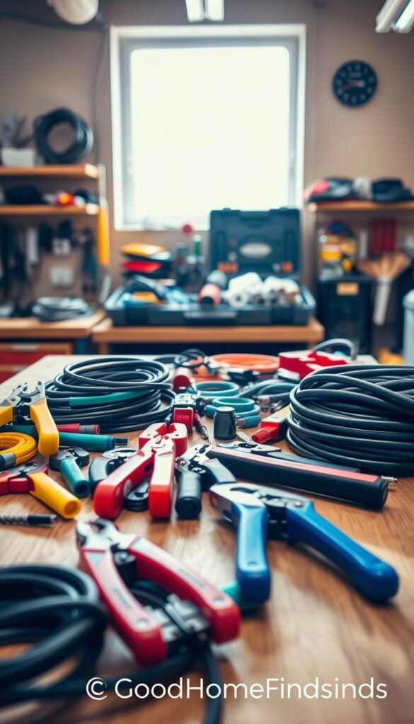 An organized workspace featuring an array of high-quality cable tools, prominently displayed on a wooden workbench. In the foreground, a neatly arranged selection of tools such as cable cutters, strippers, and multi-tools in vibrant colors, surrounded by neatly coiled cables. The middle layer shows a well-lit, modern workshop with a soft focus on a variety of cable management accessories, like clips and sleeves, while a faint glimpse of a toolbox can be seen. In the background, bright, natural light streams through a large window, illuminating the space, creating a warm and inviting atmosphere. The image should evoke a sense of professionalism and practicality, showcasing the right choice of tools for effective cable management. Include the brand name "GoodHomeFinds" subtly within the scene.