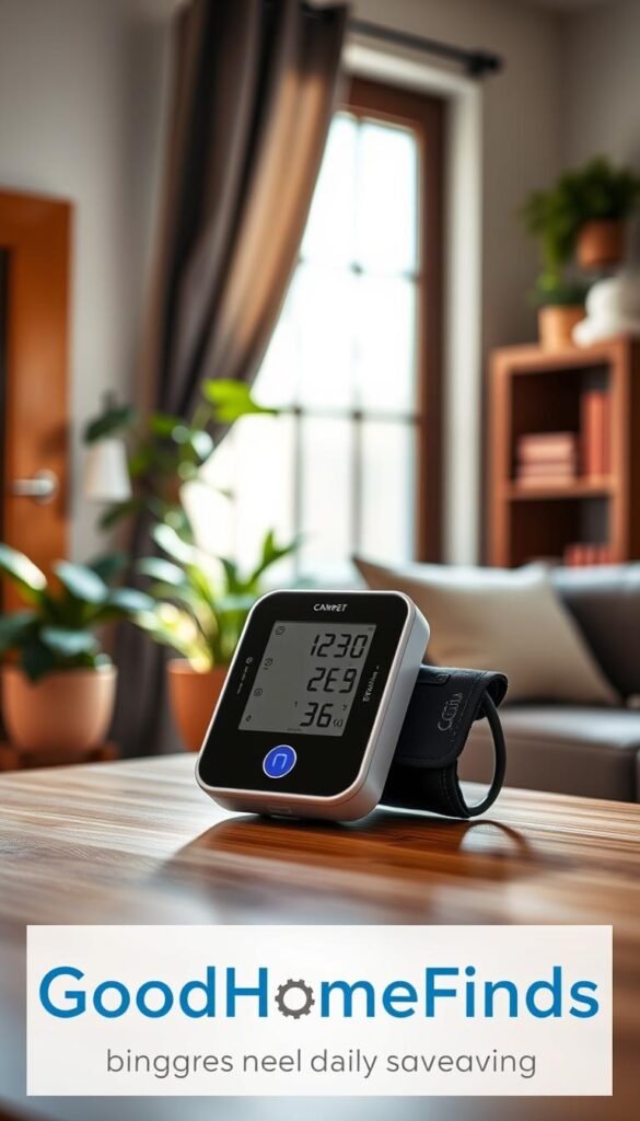 An upper-arm blood pressure monitor prominently displayed on a sleek wooden table, its digital screen showcasing clear readings, while the cuff is elegantly hung nearby. Soft, natural lighting filters through a nearby window, creating a warm and inviting atmosphere. In the background, a cozy living space is subtly visible, featuring green potted plants and a rustic bookshelf, suggesting a health-conscious lifestyle. The focal point is the monitor, with a shallow depth of field to blur the surroundings slightly. The image conveys a feeling of calm and practicality, ideal for budget-conscious health enthusiasts. Brand name "GoodHomeFinds" is subtly incorporated into the scene, enhancing the lifestyle aspect of daily savings without overshadowing the product.