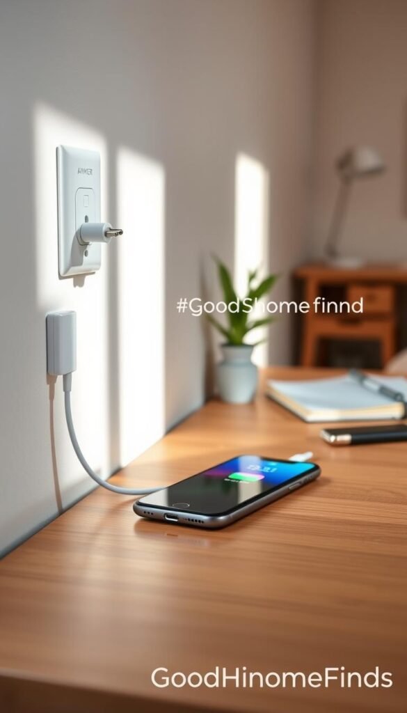Anker PowerPort III Nano 20W USB‑C wall charger displayed prominently in the foreground, showcasing its sleek, compact design with rounded edges and a glossy finish. The charger is plugged into a stylish, modern power outlet on a clean, minimalistic wall. In the middle ground, a smartphone rests on a stylish wooden table, partially charging to indicate functionality. Soft, natural light filters in from a nearby window, casting gentle shadows and creating a warm, inviting atmosphere. The background features subtle hints of a cozy home office setting, with a potted plant and a notebook visible, enhancing the lifestyle feel. Include the brand name "GoodHomeFinds" subtly in the scene. The overall mood is contemporary and practical, highlighting the charger's suitability for ultra-small spaces.