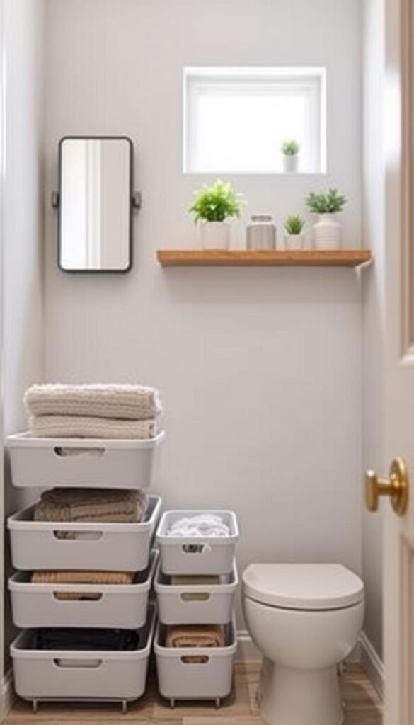 Bathroom storage solutions designed for small spaces, featuring sleek, functional organizers mounted without drilling. In the foreground, showcase stylish, stackable storage bins filled with bathroom essentials like towels and toiletries. The middle ground highlights floating shelves adorned with potted plants, decorative jars, and a minimalist mirror. In the background, a small, well-lit window allows natural light to filter in, enhancing the warm, inviting atmosphere. The scene is set in a modern yet cozy bathroom, with soft, neutral tones and pops of greenery for freshness. This image embodies the philosophy of GoodHomeFinds, illustrating practical, easy-maintenance solutions ideal for tiny apartments, with a Pinterest-style aesthetic. The composition should evoke a sense of calm and organization in an intimate space.
