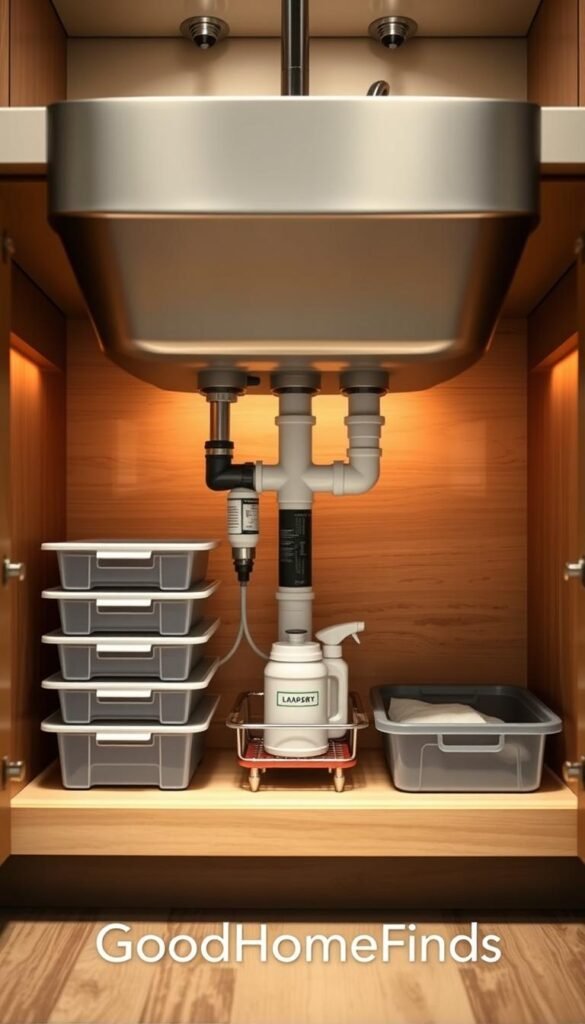 Beneath a modern kitchen sink, showcase a well-organized under-sink cabinet. In the foreground, feature neatly arranged storage solutions like tiered pull-out baskets, stackable bins, and a small, labeled caddy for cleaning supplies. In the middle, display plumbing components, such as pipes and a water filter, neatly tucked away for a clean appearance. The background should show a warm, inviting kitchen ambiance, with soft, ambient lighting illuminating the space, emphasizing natural wood textures and subtle colors of the cabinetry. The overall mood is one of functionality and aesthetic appeal, reflecting practical yet stylish under-sink solutions. Incorporate branding: "GoodHomeFinds" subtly in the scene. Aim for a realistic, Pinterest-style lifestyle photo.