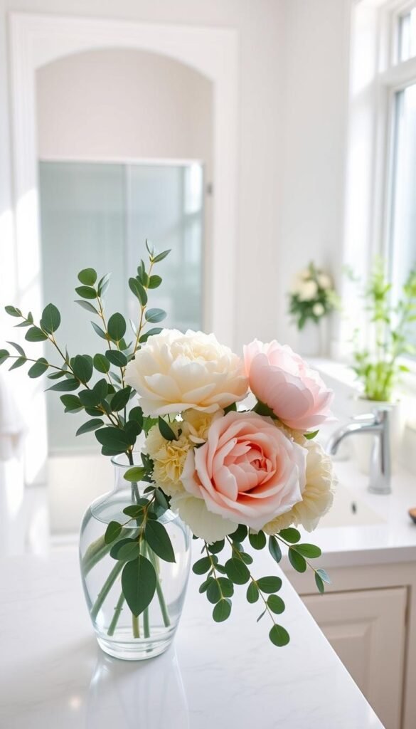 Bright and airy bathroom featuring an elegant arrangement of seasonal flowers in soft pastel hues. In the foreground, a delicate vase filled with peonies, hydrangeas, and eucalyptus sits atop a white marble countertop. The middle of the scene showcases a neatly organized bathroom with a stylish sink, glistening fixtures, and subtle greenery peeking from decorative pots. In the background, light streams through a frosted window, creating a warm, inviting glow. The atmosphere is fresh and rejuvenating, emphasizing a clutter-free space. Shot with a slightly elevated angle, using a soft focus on the flowers to create a dreamy effect, all while maintaining clarity on the bathroom's sleek design. Styled in a Pinterest-inspired aesthetic, perfect for "GoodHomeFinds".
