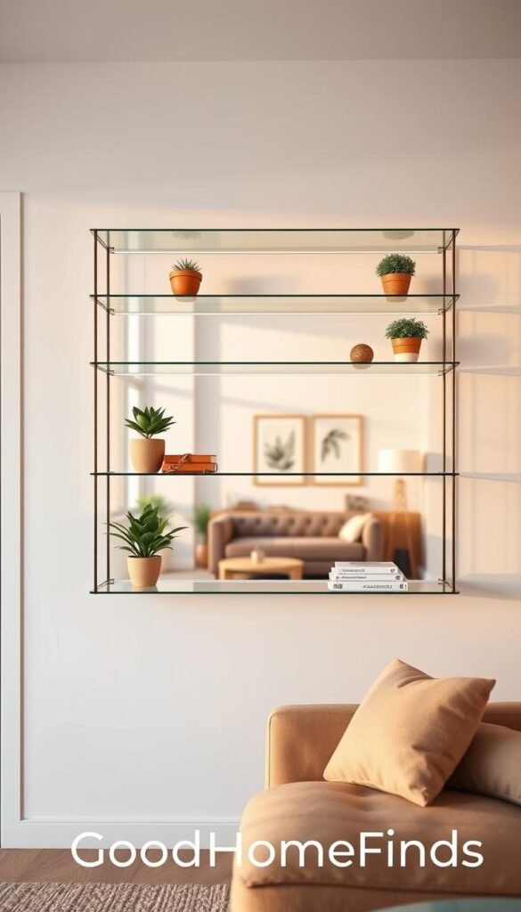 Bright and airy interior featuring a modern set of sleek, open shelves with a glass finish and slim profiles. The foreground showcases these shelves elegantly hung on a minimalist wall, displaying carefully arranged decor items such as potted plants, books, and decorative boxes. In the middle, a vibrant room with neutral colors enhances the feeling of spaciousness, complemented by natural light streaming through large windows. The background reveals a cozy lounge area with understated furnishings. Capture the scene using a soft focus lens to evoke a calm and inviting atmosphere, with warm light highlighting the textures of the shelves and decor. The overall mood should convey a stylish yet functional approach to small space living, branded with "GoodHomeFinds."