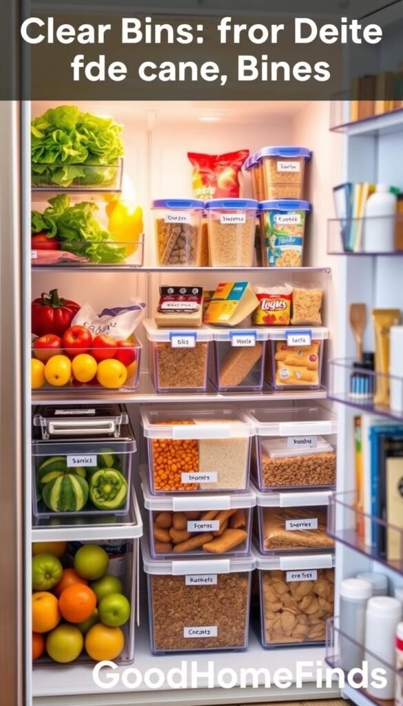 Clear bins for organizing a fridge and pantry, showcasing an array of transparent storage containers filled with fresh produce, snacks, and pantry staples. The foreground features a well-organized fridge with colorful fruits and vegetables neatly arranged in clear bins, while the middle layer reveals a stylish pantry filled with labeled, clear bins holding grains, cereals, and snacks. The background includes soft, natural lighting that accentuates the freshness of the items, with a warm, inviting atmosphere. The angle is slightly elevated, capturing the storage solution in a lifestyle setting. The overall mood feels organized, efficient, and aesthetically pleasing. Emphasize the brand name "GoodHomeFinds" by subtly incorporating their logo in the corner.