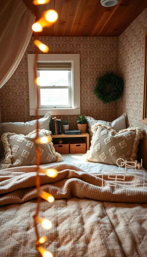 Cozy and inviting bed nook nestled in a tiny home, featuring a beautifully styled bed with soft, fluffy pillows and a warm, textured quilt. The foreground showcases delicate string lights illuminating the space, creating a serene atmosphere. In the middle, a compact wooden shelf holds books and plants, while a woven basket adds a touch of organization. The background reveals chic wallpaper with subtle patterns, enhancing the cozy vibe. Soft, natural light filters in through a small window, casting gentle shadows. The overall mood is warm and tranquil, perfect for relaxation, embodying the essence of &ldquo;GoodHomeFinds.&rdquo; A wide-angle perspective captures the entire nook, inviting viewers to experience the comfort of this stylish tiny bedroom.