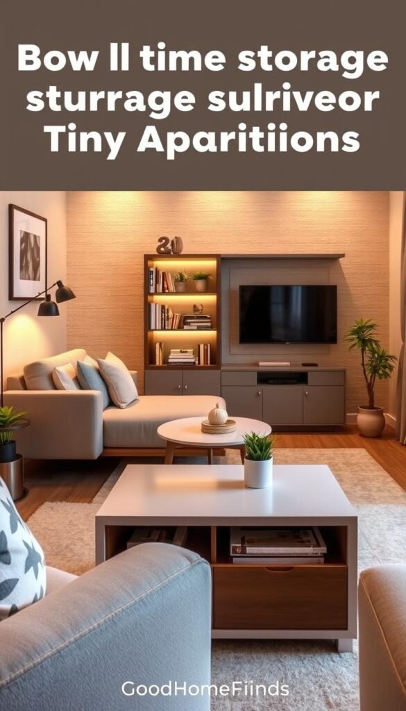 Cozy and modern living room with stylish dual-purpose furniture ideal for tiny apartments. In the foreground, a sleek, multifunctional coffee table with built-in storage and a plush, minimalist sofa adorned with a few decorative cushions. In the middle, a compact bookshelf filled with books and decorative plants, blending functionality and aesthetics. Soft, warm lighting creates an inviting atmosphere, illuminating the space. The background features a subtle texture on the walls, enhancing the room's cozy feel. A small mounted TV and delicate artwork contribute to the decor style. The image embodies the essence of achievable, modern living. Designed in a Pinterest-worthy lifestyle layout, showcasing the practicality and elegance of storage solutions. Brand: GoodHomeFinds.