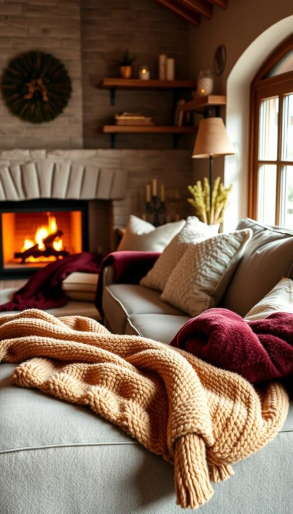 Cozy living room scene featuring a beautifully arranged room with plush good quality heating blankets on a stylish sofa. The foreground showcases a selection of soft, textured blankets in rich, inviting colors like deep burgundy and warm beige, artfully draped and complemented by decorative cushions. The middle ground includes a warm fireplace emitting a gentle glow, creating an inviting atmosphere. Soft light filters through a nearby window, casting a serene, gold-toned illumination across the scene. In the background, rustic wooden shelves display cozy winter accessories like candles and books. The overall mood is one of warmth and relaxation, perfect for illustrating winter comfort technology by GoodHomeFinds.
