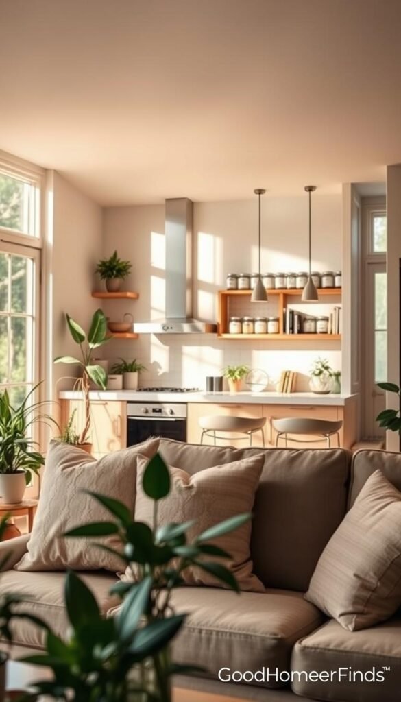 Cozy, small routines house interior styled for optimal organization, showcasing a well-organized space filled with natural light streaming in through large windows. In the foreground, a neatly arranged living area with plants, minimalistic decor, and a comfortable couch adorned with soft throw pillows. The middle ground features a spacious kitchen with open shelving displaying neatly labeled jars, emphasizing clarity and convenience. In the background, a cozy reading nook with a bookshelf filled with books creates an inviting atmosphere. Soft, warm lighting enhances the serene ambiance, suggesting harmony and ease. The overall mood is calming and inviting, promoting the idea of creating a habit-centered lifestyle rather than pursuing perfection. The image should embody the essence of "GoodHomeFinds" with a focus on functional beauty and everyday routines. Cozy, small routines house interior styled for optimal organization, showcasing a well-organized space filled with natural light streaming in through large windows. In the foreground, a neatly arranged living area with plants, minimalistic decor, and a comfortable couch adorned with soft throw pillows. The middle ground features a spacious kitchen with open shelving displaying neatly labeled jars, emphasizing clarity and convenience. In the background, a cozy reading nook with a bookshelf filled with books creates an inviting atmosphere. Soft, warm lighting enhances the serene ambiance, suggesting harmony and ease. The overall mood is calming and inviting, promoting the idea of creating a habit-centered lifestyle rather than pursuing perfection. The image should embody the essence of "GoodHomeFinds" with a focus on functional beauty and everyday routines.