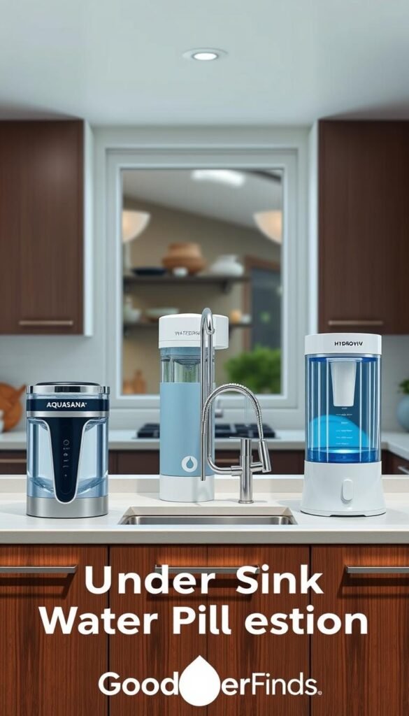 Create a sleek and modern comparison image showcasing three distinct under-sink water filtration systems: Aquasana, Waterdrop, and Hydroviv. In the foreground, display each system on a stylish wooden cabinet, giving a close-up view of their unique designs and features. In the middle, include elegant water flow and filtration components, emphasizing their functionality. The background should feature a well-lit, minimalist kitchen environment with soft natural light streaming through a window, enhancing the inviting atmosphere. Use a wide-angle lens to capture the full details and create depth. The mood should be informative yet appealing, suitable for a home improvement article. Avoid any text or branding on the image aside from subtly incorporating "GoodHomeFinds" in a manner that doesn't distract from the main focus. Create a sleek and modern comparison image showcasing three distinct under-sink water filtration systems: Aquasana, Waterdrop, and Hydroviv. In the foreground, display each system on a stylish wooden cabinet, giving a close-up view of their unique designs and features. In the middle, include elegant water flow and filtration components, emphasizing their functionality. The background should feature a well-lit, minimalist kitchen environment with soft natural light streaming through a window, enhancing the inviting atmosphere. Use a wide-angle lens to capture the full details and create depth. The mood should be informative yet appealing, suitable for a home improvement article. Avoid any text or branding on the image aside from subtly incorporating "GoodHomeFinds" in a manner that doesn't distract from the main focus.