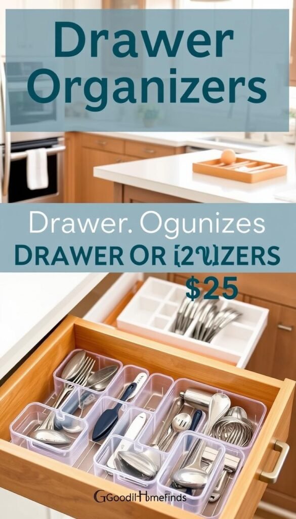 Drawer organizers displayed in a stylish kitchen setting, featuring a variety of budget-friendly options under $25. In the foreground, a neatly arranged wooden drawer with clear plastic organizers holding utensils, measuring spoons, and kitchen gadgets. In the middle ground, a bright, airy kitchen countertop adorned with additional organizing solutions, such as a fabric drawer divider and a bamboo cutlery tray. The background shows a cozy, modern kitchen with soft natural light streaming in through a window, highlighting the organized space. The overall atmosphere is inviting and practical, perfect for anyone looking to declutter their kitchen quickly. A subtle logo of "GoodHomeFinds" is integrated into the design, enhancing the lifestyle appeal.