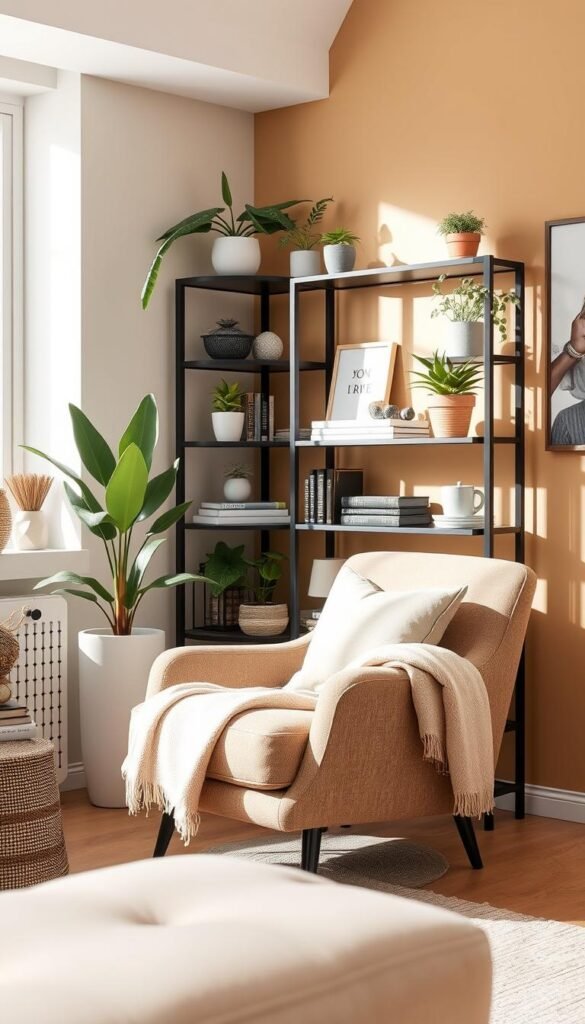 Elegant corner storage solution featuring a stylish, modern shelving unit filled with potted plants, books, and decorative items. The foreground includes a cozy living room setup, showcasing a plush armchair with a soft throw draped over it. In the middle, the corner storage unit is beautifully arranged, displaying a mix of textures and colors to create visual interest. The background features a warm neutral wall with subtle artwork that complements the overall aesthetic. The scene is illuminated with soft, natural light streaming in from a nearby window, casting gentle shadows, evoking a serene and inviting atmosphere. The overall composition should feel harmonious and well-organized, ideal for small spaces, branded as "GoodHomeFinds."