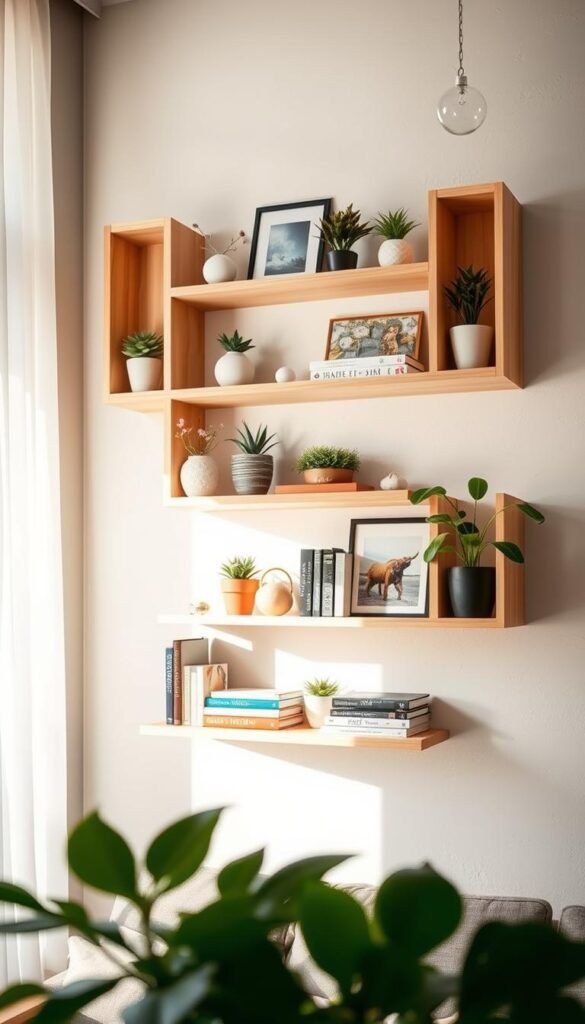 Elegant vertical wall shelves showcasing a variety of decorative items like plants, books, and artwork positioned above a window. The shelves are crafted from light wood with a modern aesthetic, creating a warm and inviting atmosphere. In the foreground, soft natural daylight streams in, illuminating the shelves and casting gentle shadows. The middle section features the unique arrangement of shelves filled with colorful plants and chic decor, emphasizing functionality in small spaces. The background includes a tastefully painted wall with a subtle texture, enhancing the image&rsquo;s depth. Capture the scene with a slightly angled perspective, employing a soft focus lens to create a cozy, Pinterest-style lifestyle photo. The design reflects a blend of style and practicality, illustrating how &ldquo;dead space&rdquo; can be transformed into a stylish storage solution. GoodHomeFinds.